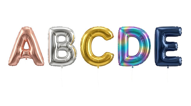 Set of colorful foil balloons in the shape of letters a, b, c, d, e isolated on transparent background