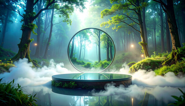 Enchanted Floating Mirror with Magical Reflections and Luminous Forest Mist