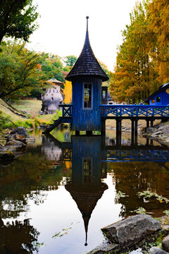 Blue Waterside Tower Reflected in a Pond at Moomin Valley Park, Japan