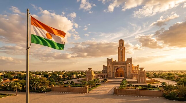 Niger flag waving in front of Grand Mosque Niamey at sunset with golden hour lighting