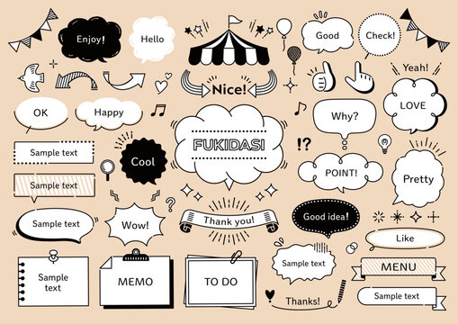Hand-drawn speech bubbles, frames, and decorative elements set