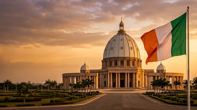 Neoclassical Basilica of Our Lady of Peace architecture at sunset with Ivory Coast national flag
