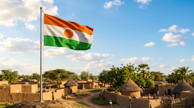 Niger national flag waving over traditional rural mud hut village under bright blue sunny sky
