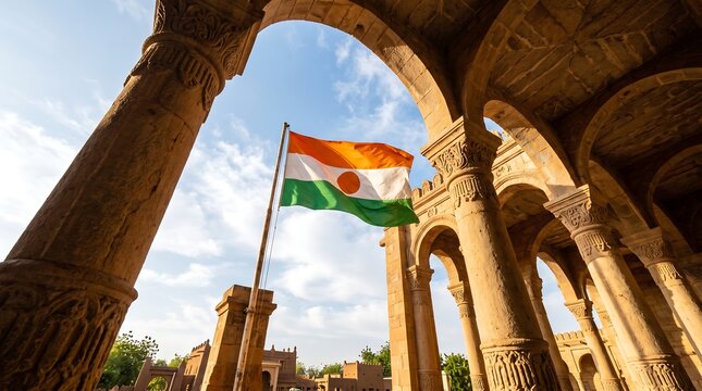 Niger national flag waving framed by ancient carved stone pillars and arches under blue sky