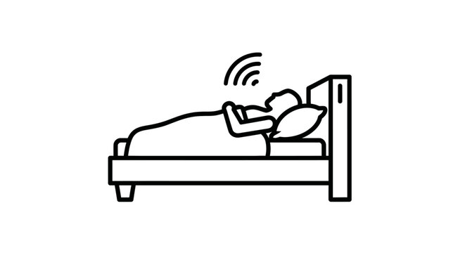 Line icon of a person sleeping in bed with a wireless signal above them representing smart sleep tracking.