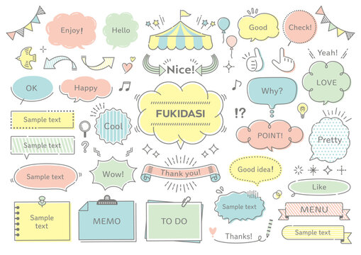 Hand-drawn speech bubbles, frames, and decorative elements set