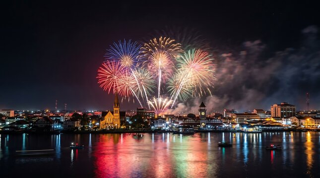 Vibrant fireworks over urban waterfront skyline with architectural reflections in the river during night festivities