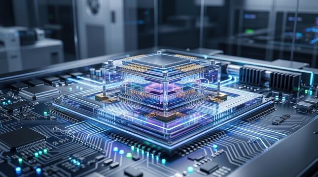 Close up of advanced microprocessor chip on circuit board with glowing blue circuits, representing artificial intelligence computing power and semiconductor technology.