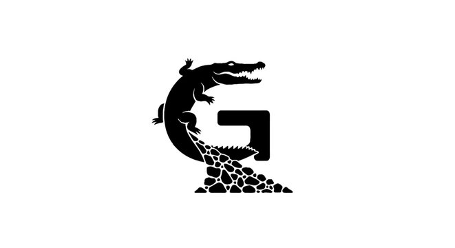 Stylized letter G with crocodile and stone texture design.