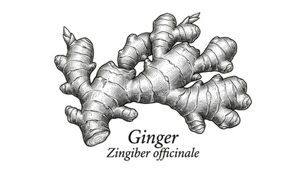 Obraz premium Vintage engraved botanical illustration of ginger root (Zingiber officinale). Detailed black and white sketch for tea, spice packaging and label design