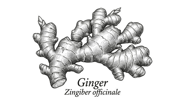 Vintage engraved botanical illustration of ginger root (Zingiber officinale). Detailed black and white sketch for tea, spice packaging and label design