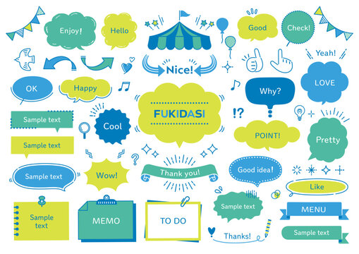 Hand-drawn speech bubbles, frames, and decorative elements set
