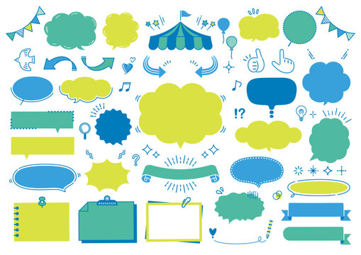 Hand-drawn speech bubbles, frames, and decorative elements set