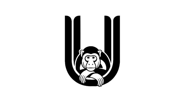 Monkey sitting inside a large letter U design.