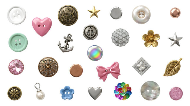 Collection of various decorative buttons and sewing accessories isolated on transparent background