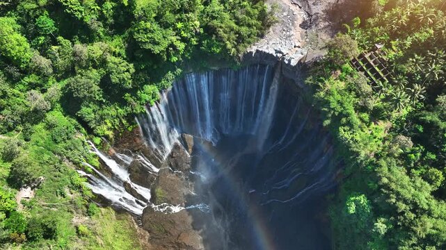 Aerial view of Tumpak Sewu Waterfalls in Indonesia.