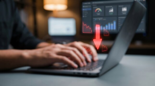 Financial Loss and Bearish Market Trend Concept: Floating Red Holographic Downward Arrow and Declination Line Graphs above Blurred Laptop
