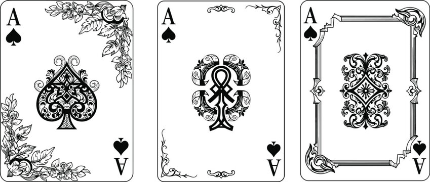 Ornate Ace of Spades Playing Cards Set Featuring Decorative Vintage Baroque Floral Borders Filigree Frames and Elegant Line Art Gambling Symbols