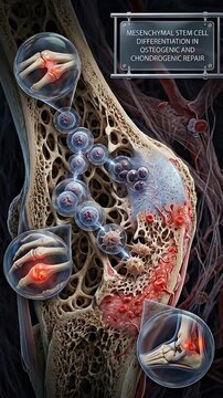 Mesenchymal stem cell differentiation, demonstrating osteogenic chondrogenic repair, depicting cellular transformation within skeletal anatomy, illustrating biological renewal.