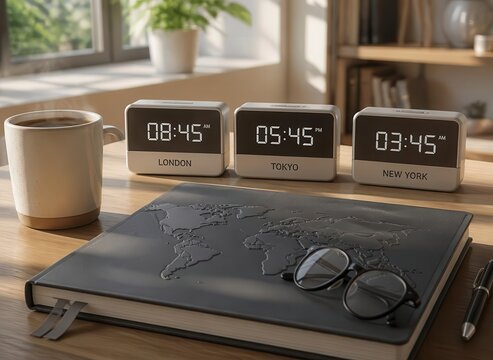 World time zones digital clocks showing London, Tokyo and New York time on executive desk with world map notebook