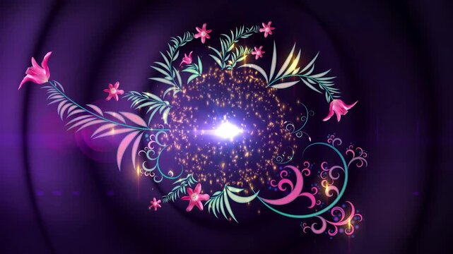 A circular arrangement of flowers, leaves, and swirls on a dark purple background with a burst of light in the center.
