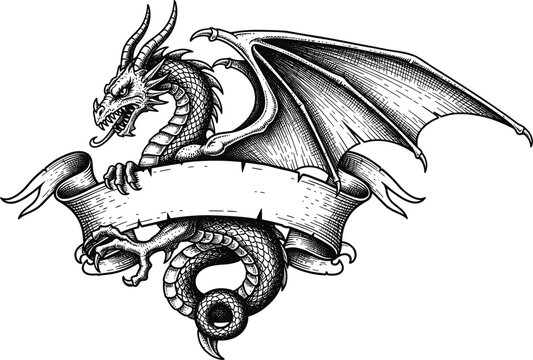 Vintage Medieval Dragon with Ribbon Scroll Banner Woodcut Sketch Engraving Style Mythological Creature Heraldic Crest Design Vector Illustration