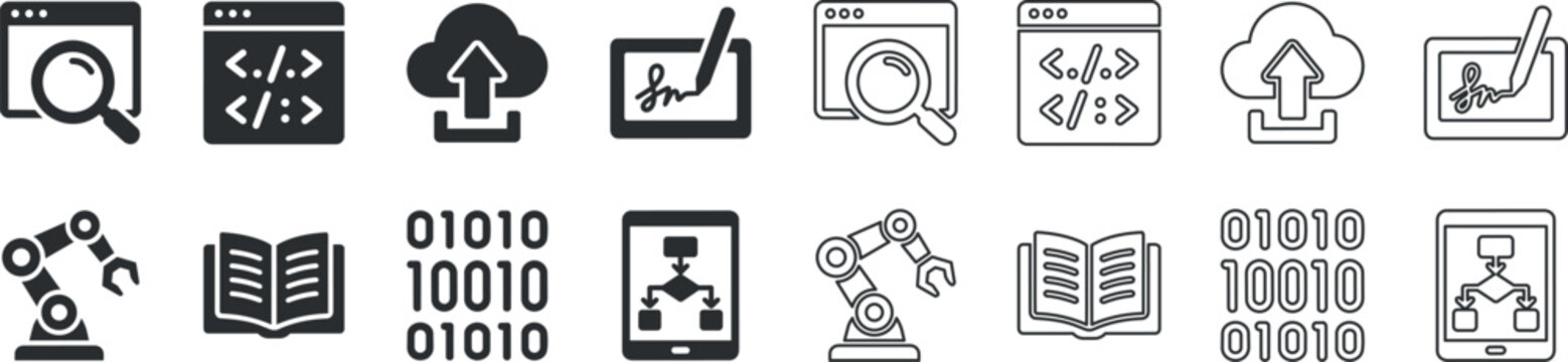 Set of technology and programming icons including magnifying glass, code, upload cloud, signature, robotic arm, book, binary code, and flowchart tablet