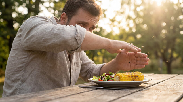 Man feeling annoyed by pesky insects buzzing around his food while eating outdoors, trying to keep them off