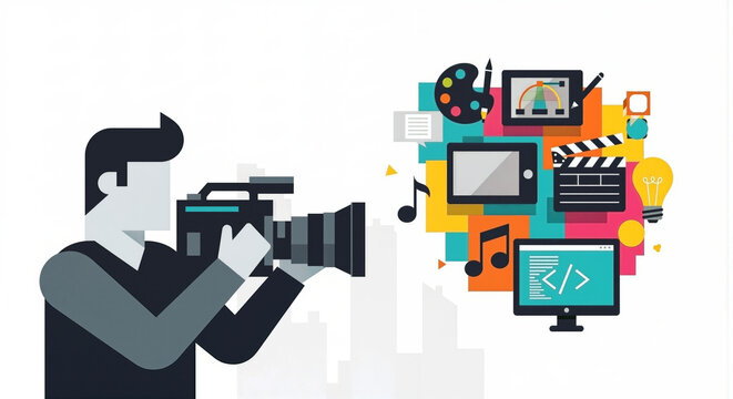 A videographer recording video production elements and coding symbols representing digital media creation and editing process.