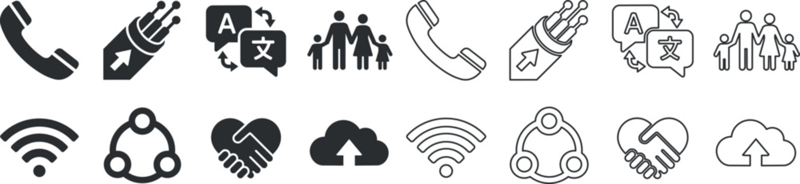 Communication and connectivity icons including phone, fiber cable, translation, family, wifi, network, handshake, and cloud upload