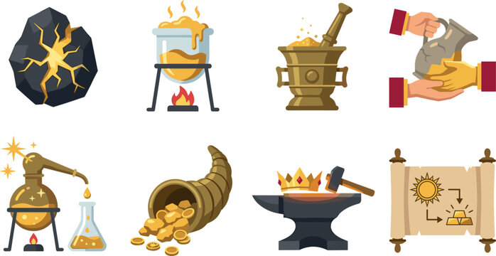 Ancient alchemy science vector icon set featuring gold manufacturing chemistry scroll cornucopia blacksmith forge and boiling cauldron