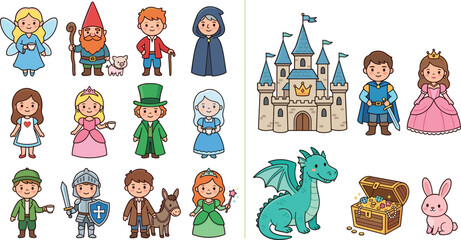 Fototapeta premium Fairy tale cartoon character vector set with cute princess prince castle dragon knight wizard and fantasy creatures