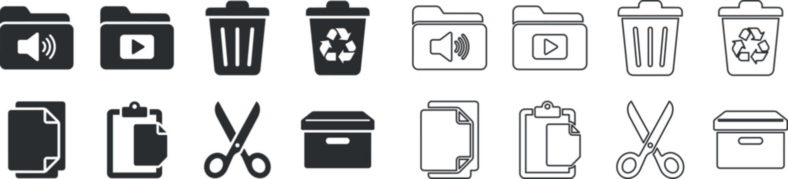Folder, trash bin, document, clipboard, scissors, and storage box icons in solid and outline styles