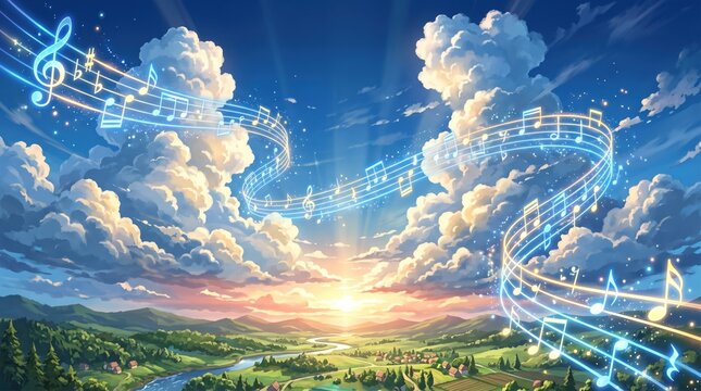Melody in the Sky: A breathtaking panoramic landscape unfolds under a vibrant sky, with flowing musical notes and staff lines weaving through fluffy clouds.