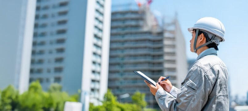 建設現場で指示書を確認する作業員