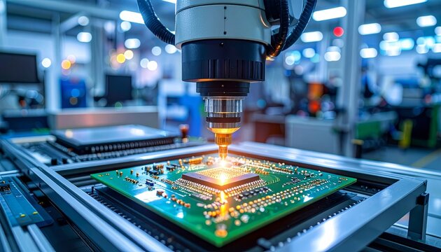 Laser printing machine inside factory with computer hardware, circuit board, and advanced electronic technology equipment
