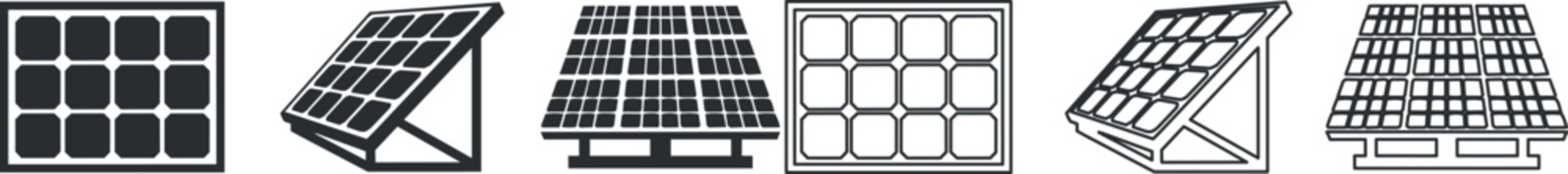 Black solar panel icons in different angles and frames