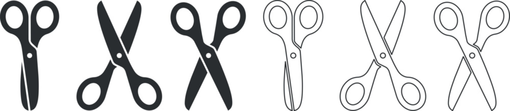 Set of six scissors icons in various open and closed positions