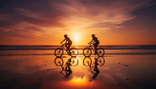 Two cyclists riding along sandy beach at sunset with ocean waves and dramatic golden sky reflections