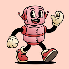 Fototapeta premium Cute Pink Retro Robot Cartoon Character Walking and Waving With Happy Smile and Sneakers