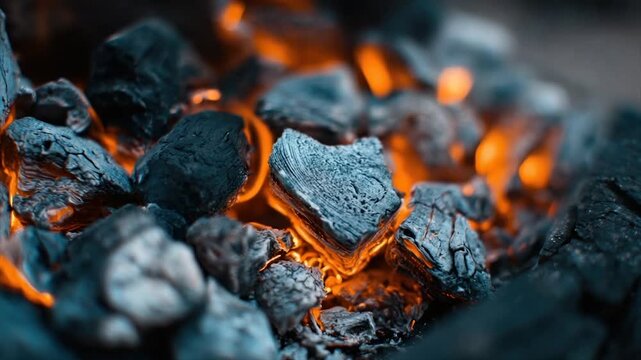 Close-up of burning charcoal, glowing embers amidst dark, textured pieces