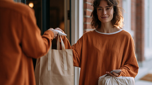 courier handing insulated grocery delivery bag directly to woman at apartment doorstep, she lifting cold pack out of first bag, second bag still sealed beside door mat, phone with
