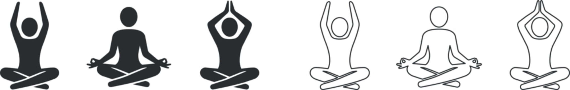 Yoga meditation icon set showing person in cross-legged pose with different hand mudras