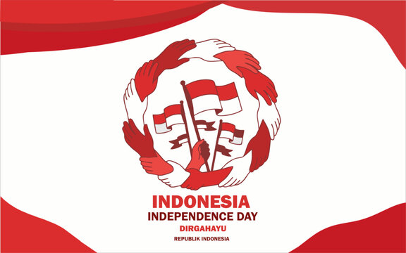 Unity Hands Circle with Indonesian Flags for Indonesia Independence Day and National Solidarity Concept
Modern Indonesia Independence Day vector illustration featuring a circle of connected hands 