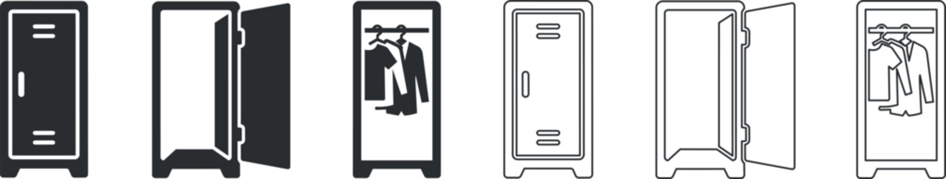 Locker with hanging clothes and open locker icons in glyph and line style