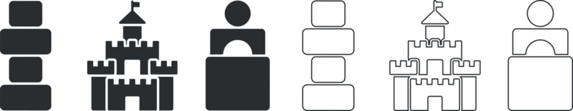 Simple solid and outline icons of stacked blocks and toy castle