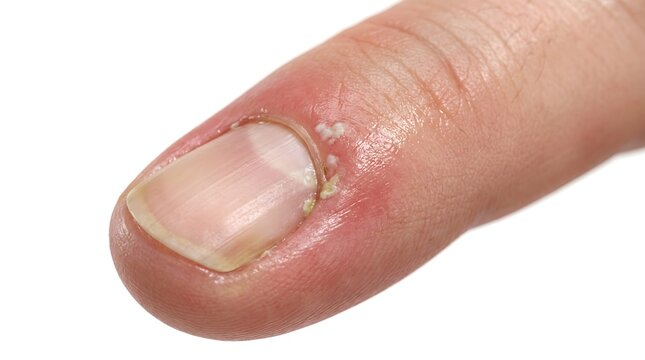 Close-up macro view of a human finger with a red, inflamed cuticle and visible white, flaky skin, indicating potential infection or irritation, isolated on a clean white background