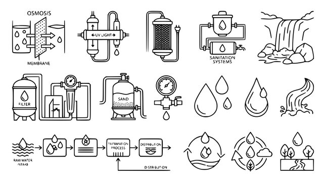 Water filtration vector bundle with osmosis sanitation and hydrology symbols