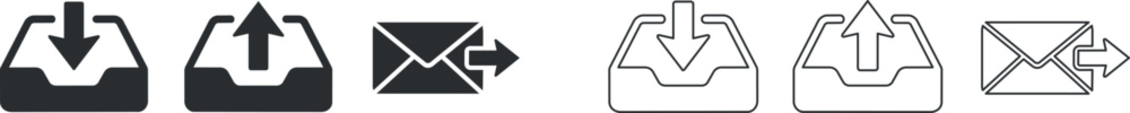 Download, upload, and outgoing mail icon set in filled and outline styles