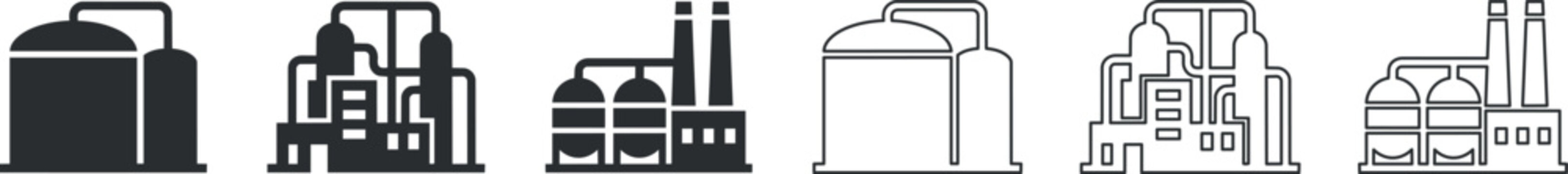 Industrial factory building icon with tanks and chimneys in black and outline styles
